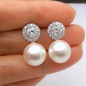 Silver Pearl Stud Earrings Pearl Drop Cubic Zirconia Formal Evening Jewelry